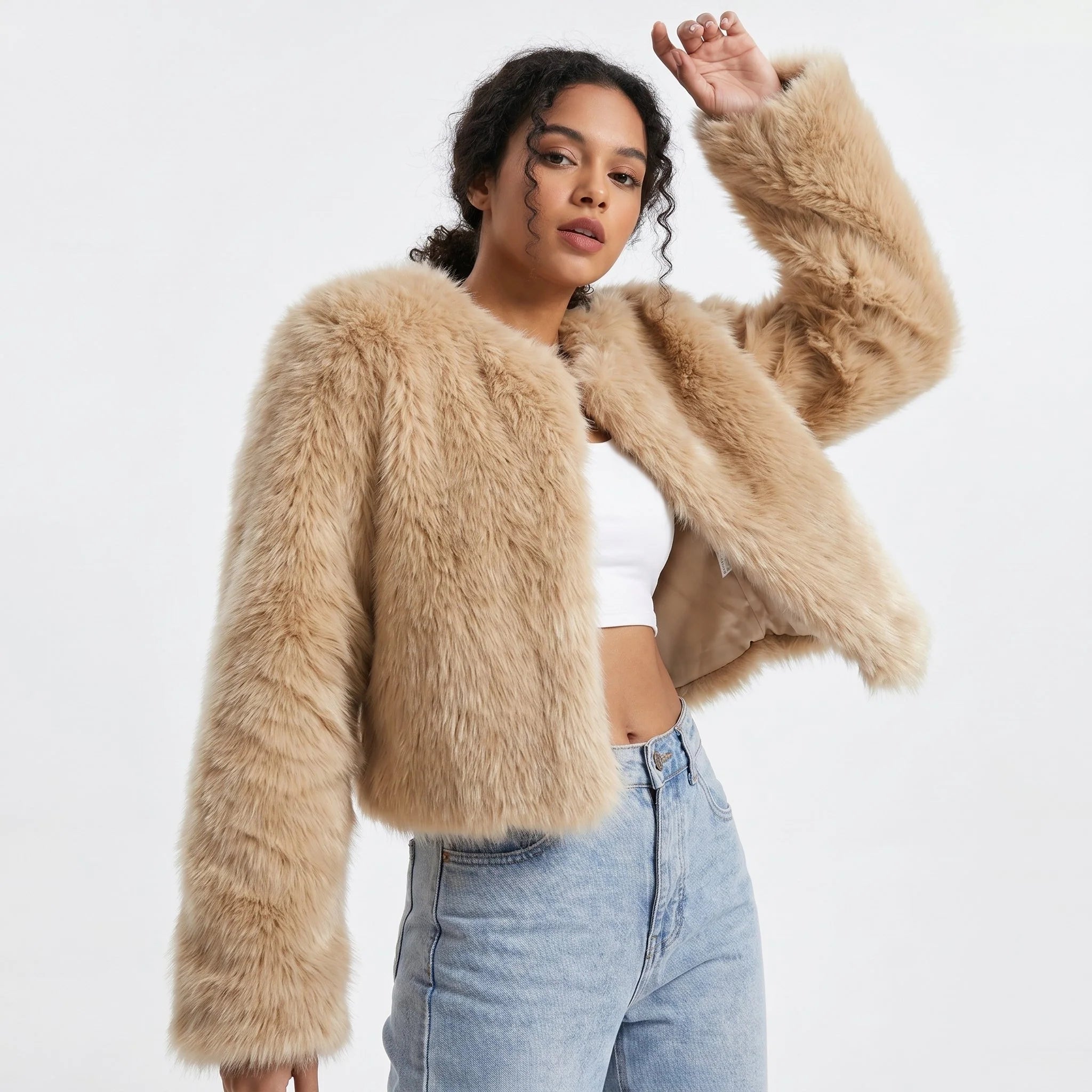 Lena | Damen Kurz Kunstpelz Cardigan Jacke