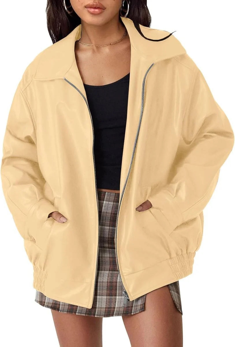 Lena | Damen Oversized Kunstleder Bomber Lederjacke mit Reißverschluss
