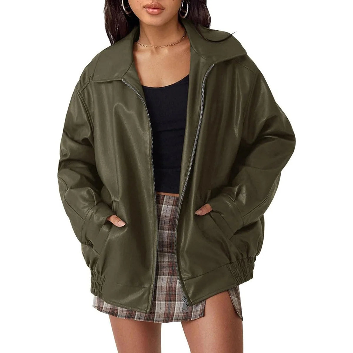 Lena | Damen Oversized Kunstleder Bomber Lederjacke mit Reißverschluss
