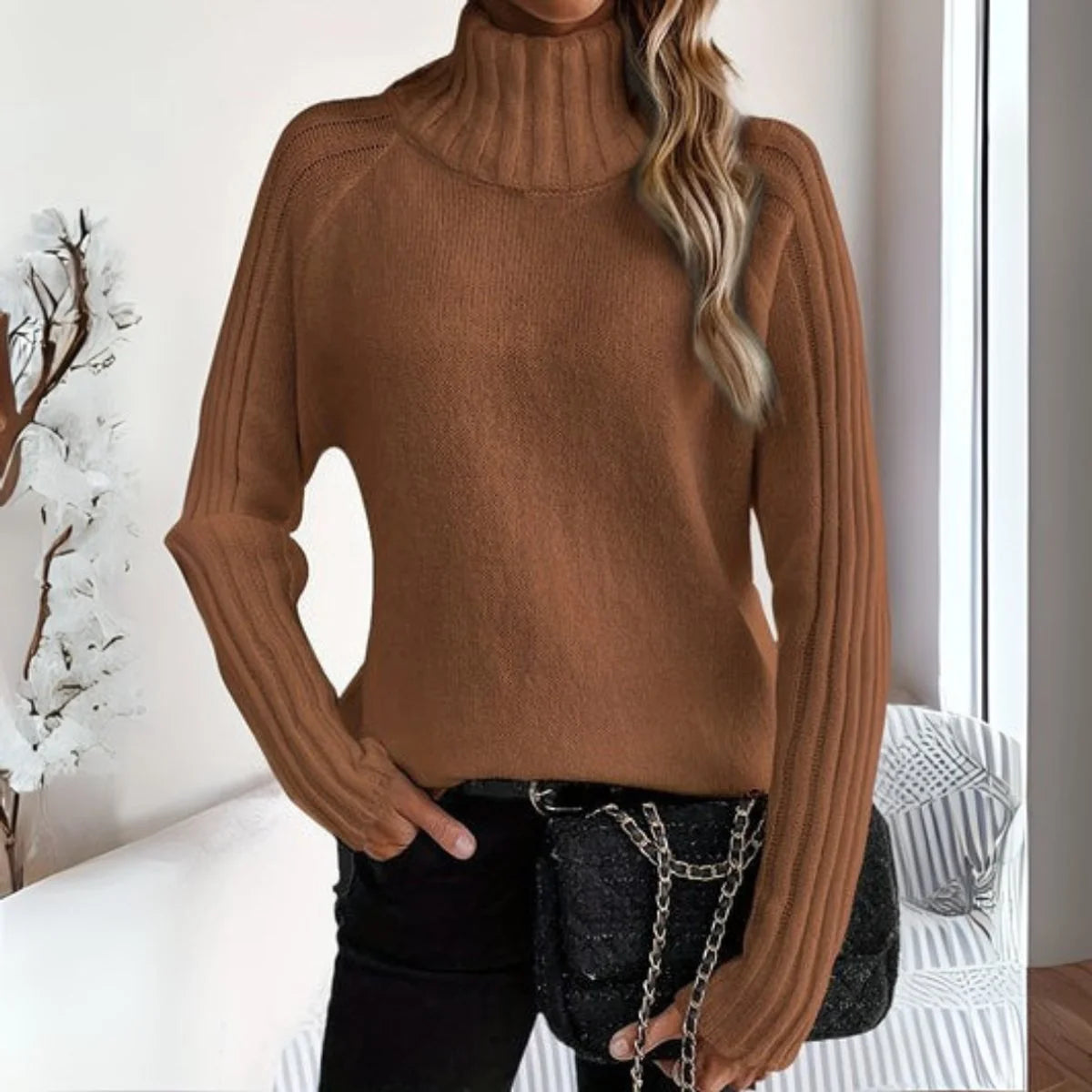 Lena | Damen Rollkragen Strickpullover mit Rippärmeln Locker Weich