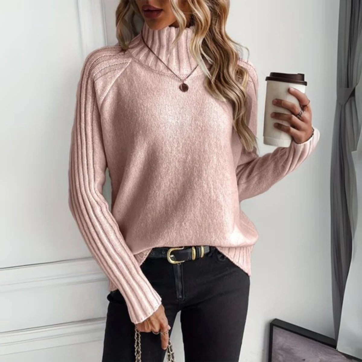 Lena | Damen Rollkragen Strickpullover mit Rippärmeln Locker Weich