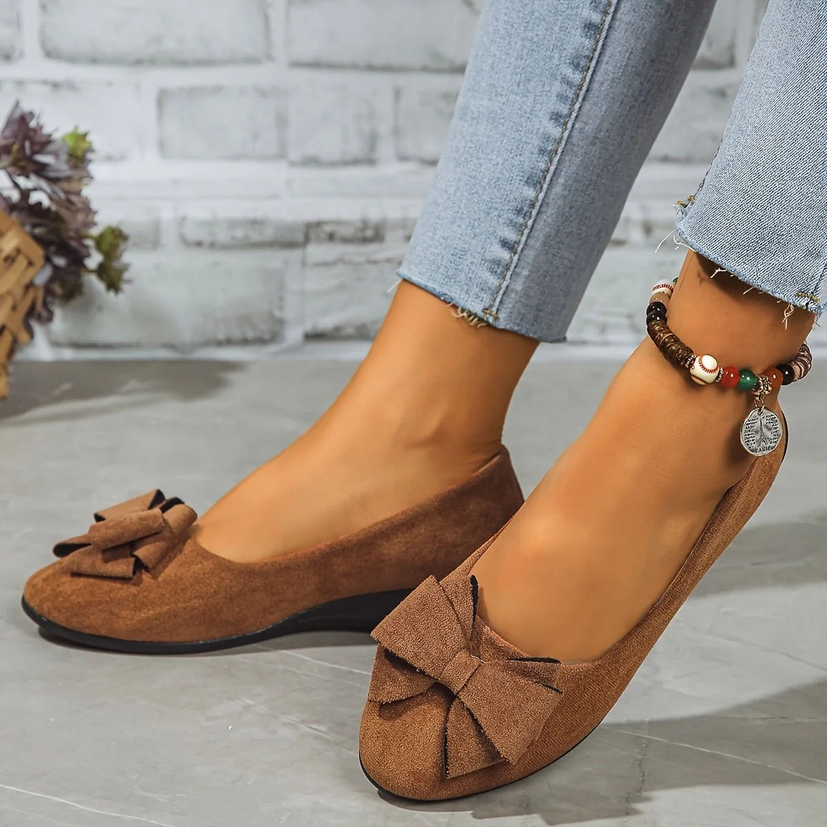Lena | Damen Wildlederoptik Schleife Gepolsterte Slip-On Ballerinas