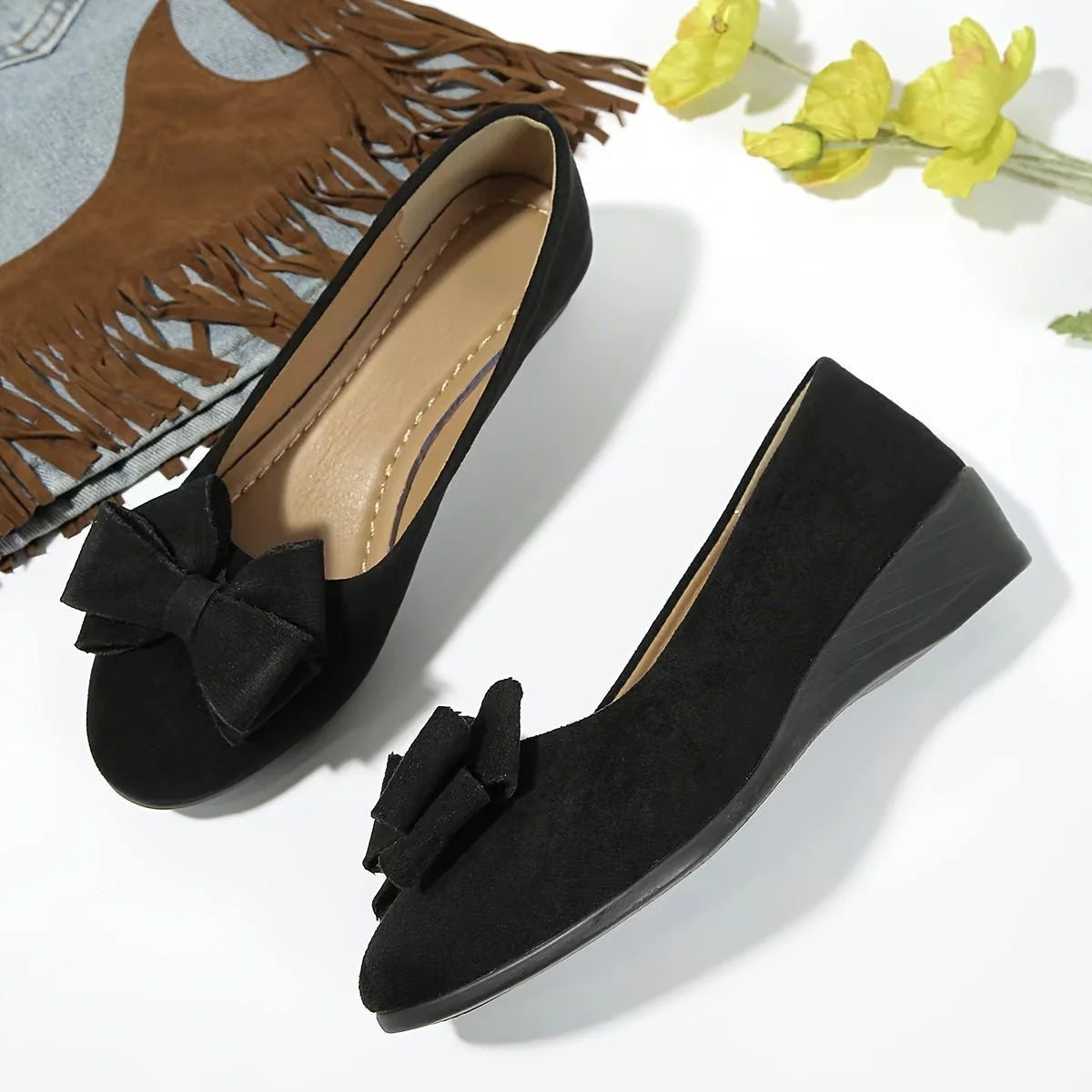 Lena | Damen Wildlederoptik Schleife Gepolsterte Slip-On Ballerinas