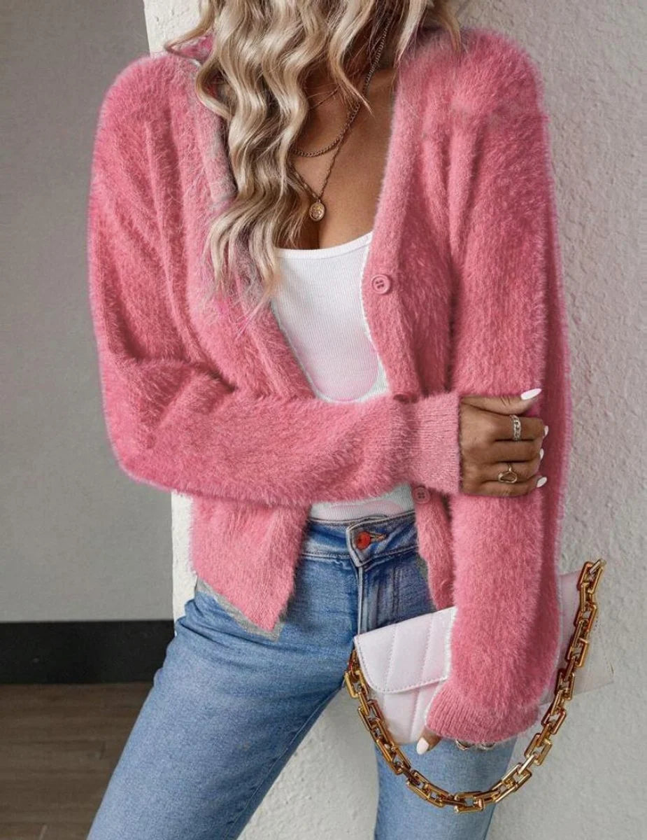 Marie | Damen Flauschiger V-Ausschnitt Strickjacke Cardigan mit Knopfleiste