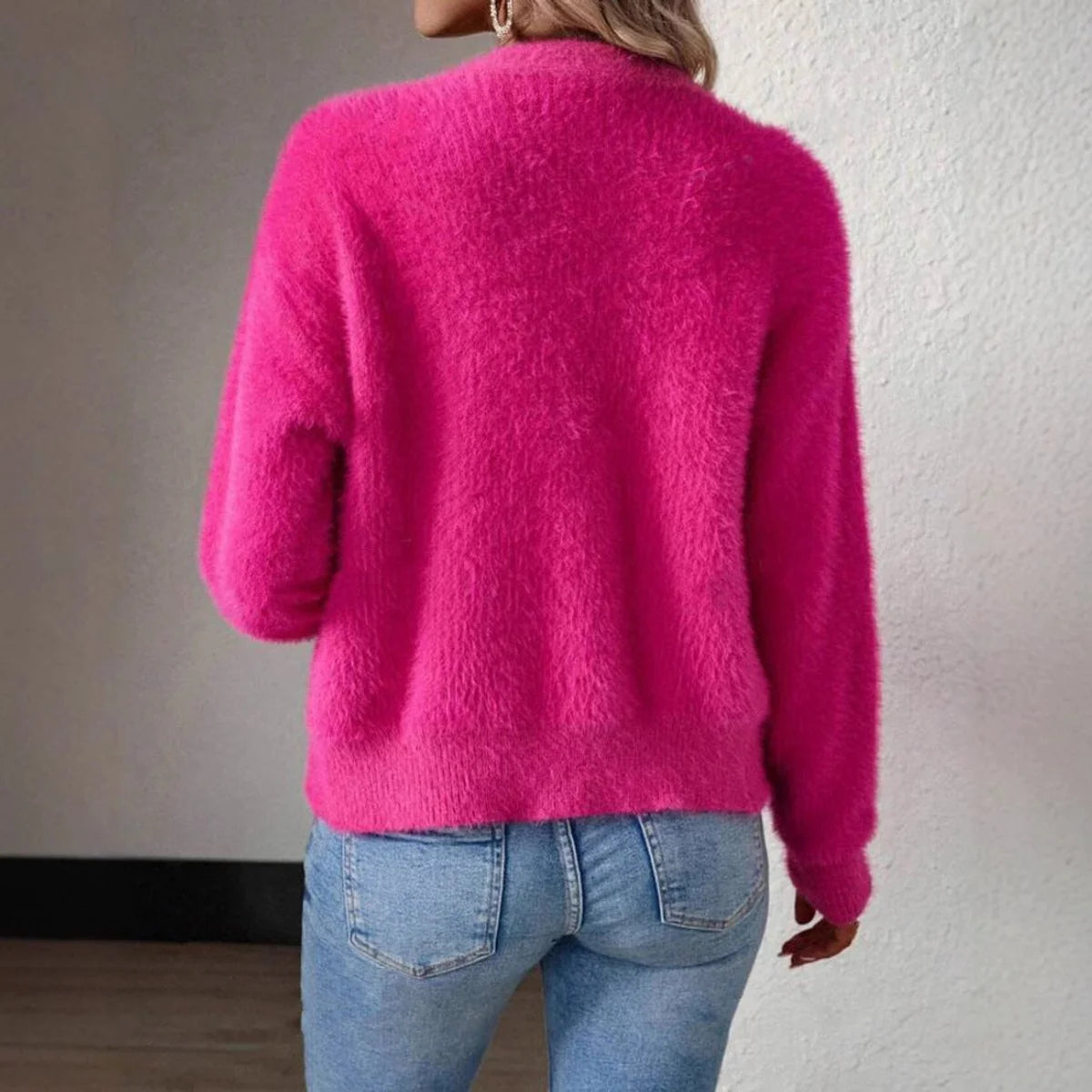 Marie | Damen Flauschiger V-Ausschnitt Strickjacke Cardigan mit Knopfleiste