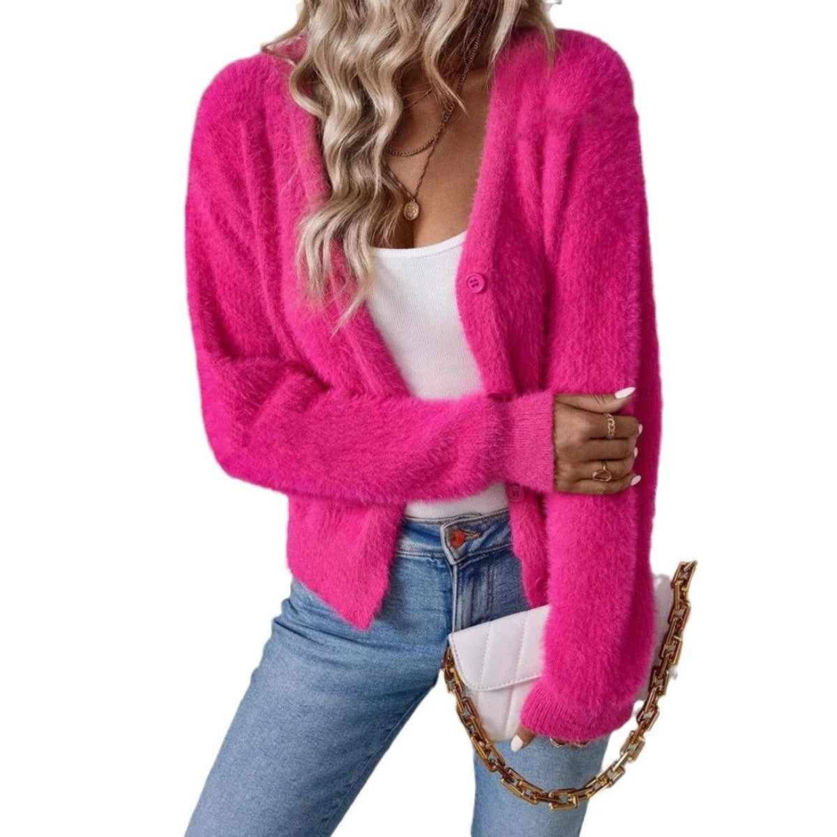 Marie | Damen Flauschiger V-Ausschnitt Strickjacke Cardigan mit Knopfleiste