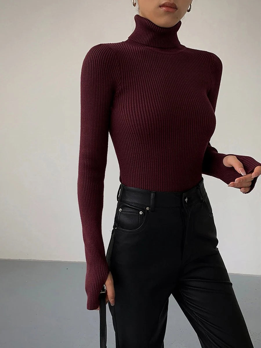 Marie | Damen Gerippter Rollkragen Strick Sweater