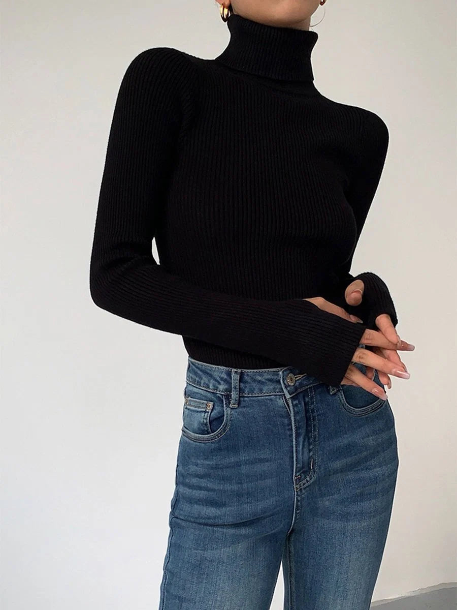 Marie | Damen Gerippter Rollkragen Strick Sweater