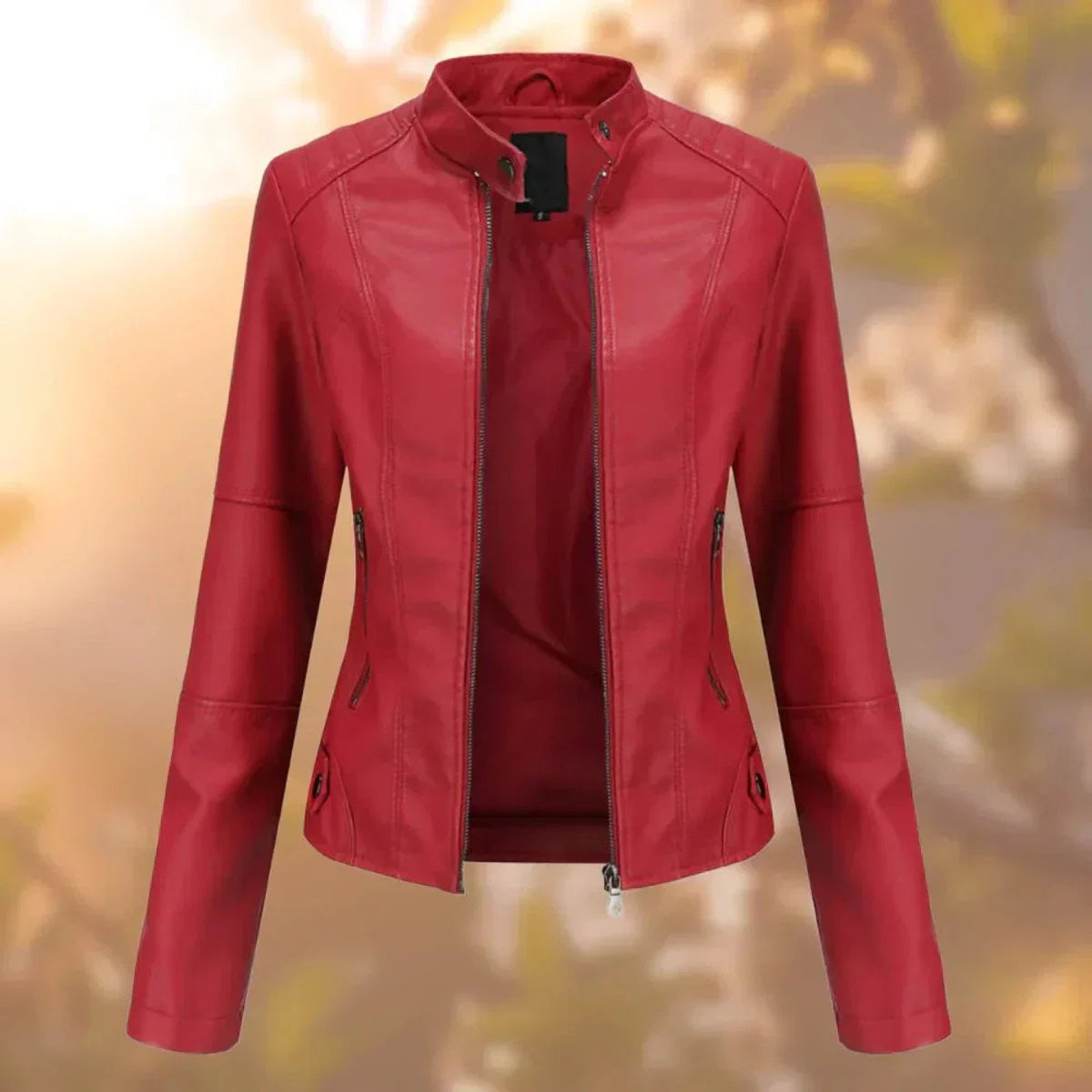 Marlene | Damen Slim-Fit Bikerjacke Kunstleder Reißverschluss Stehkragen