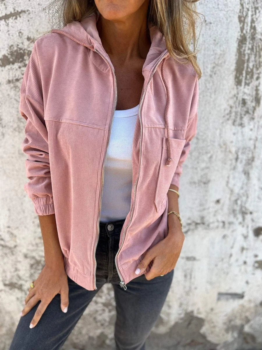 Mia | Damen Cord Kapuzenjacke mit Reißverschluss Oversized Freizeitjacke