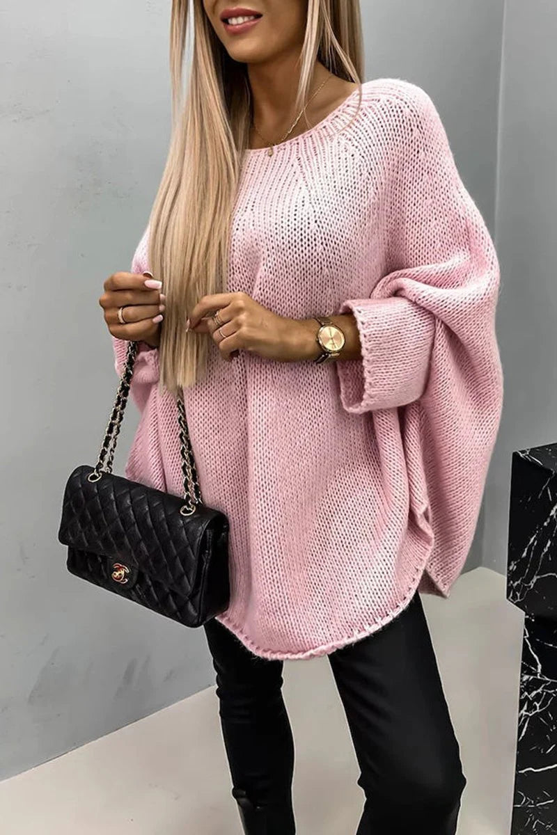 Mia | Damen Oversized Rundhals Knit Sweater mit Fledermausärmeln