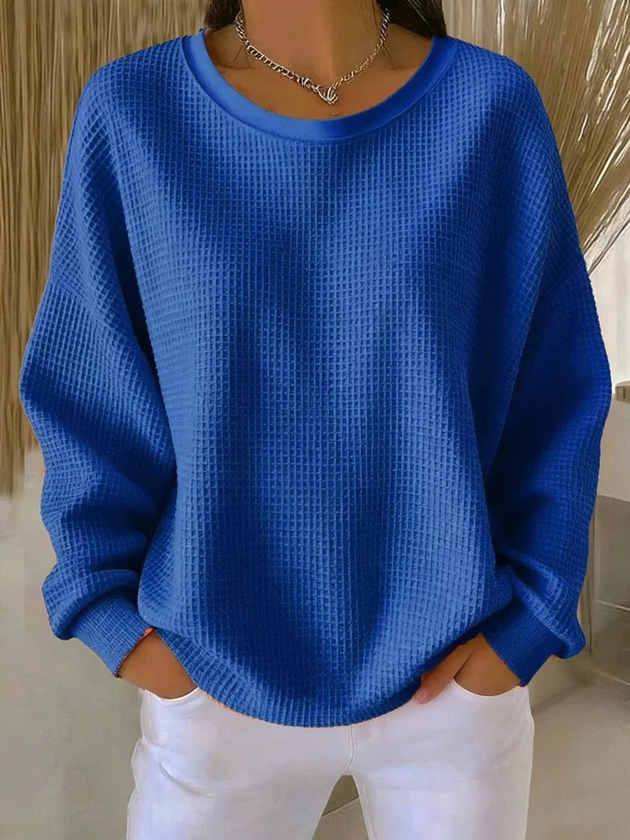 Mia | Damen Waffelstrick Oversize Langarm Rundhals Pullover