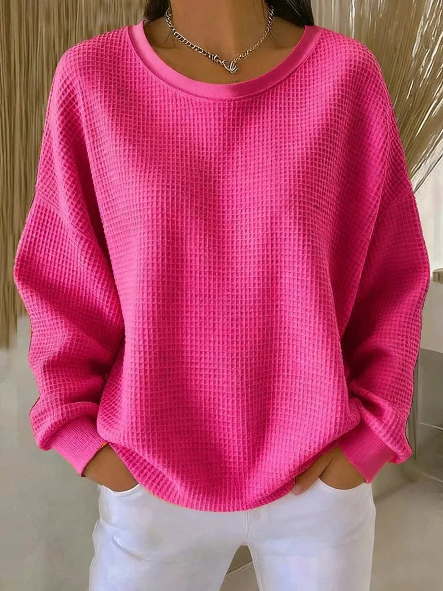 Mia | Damen Waffelstrick Oversize Langarm Rundhals Pullover
