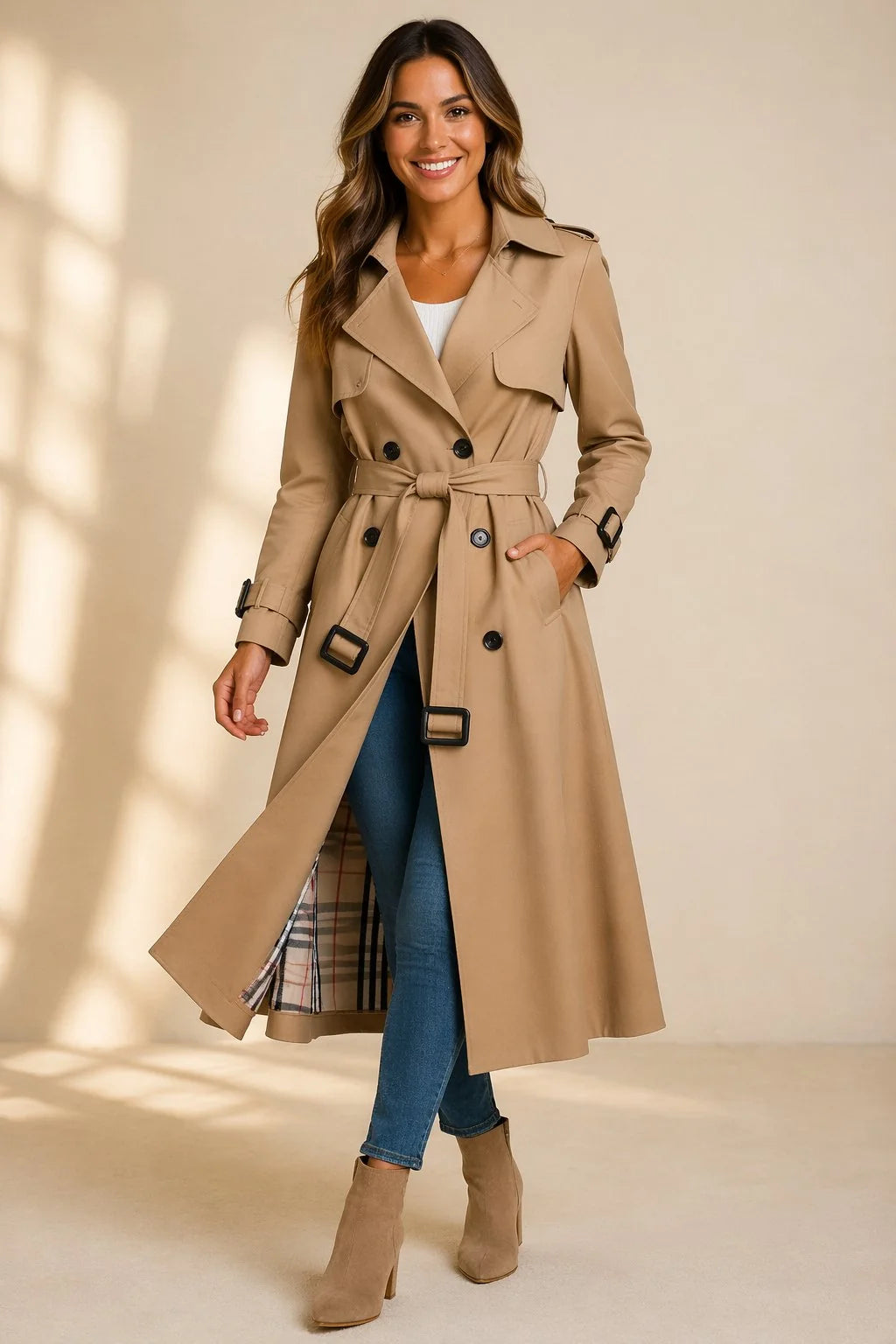 Mia | Damen Zweireihiger Langer Trenchcoat Taillengürtel