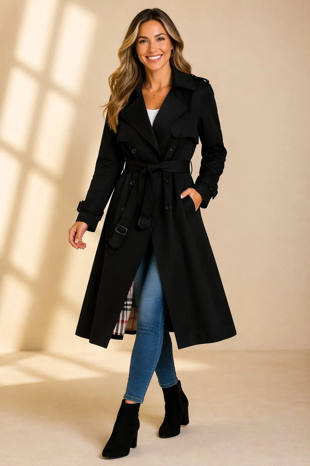 Mia | Damen Zweireihiger Langer Trenchcoat Taillengürtel