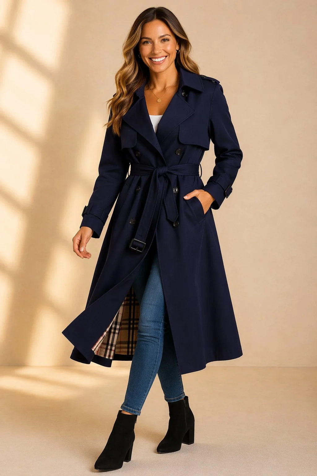 Mia | Damen Zweireihiger Langer Trenchcoat Taillengürtel