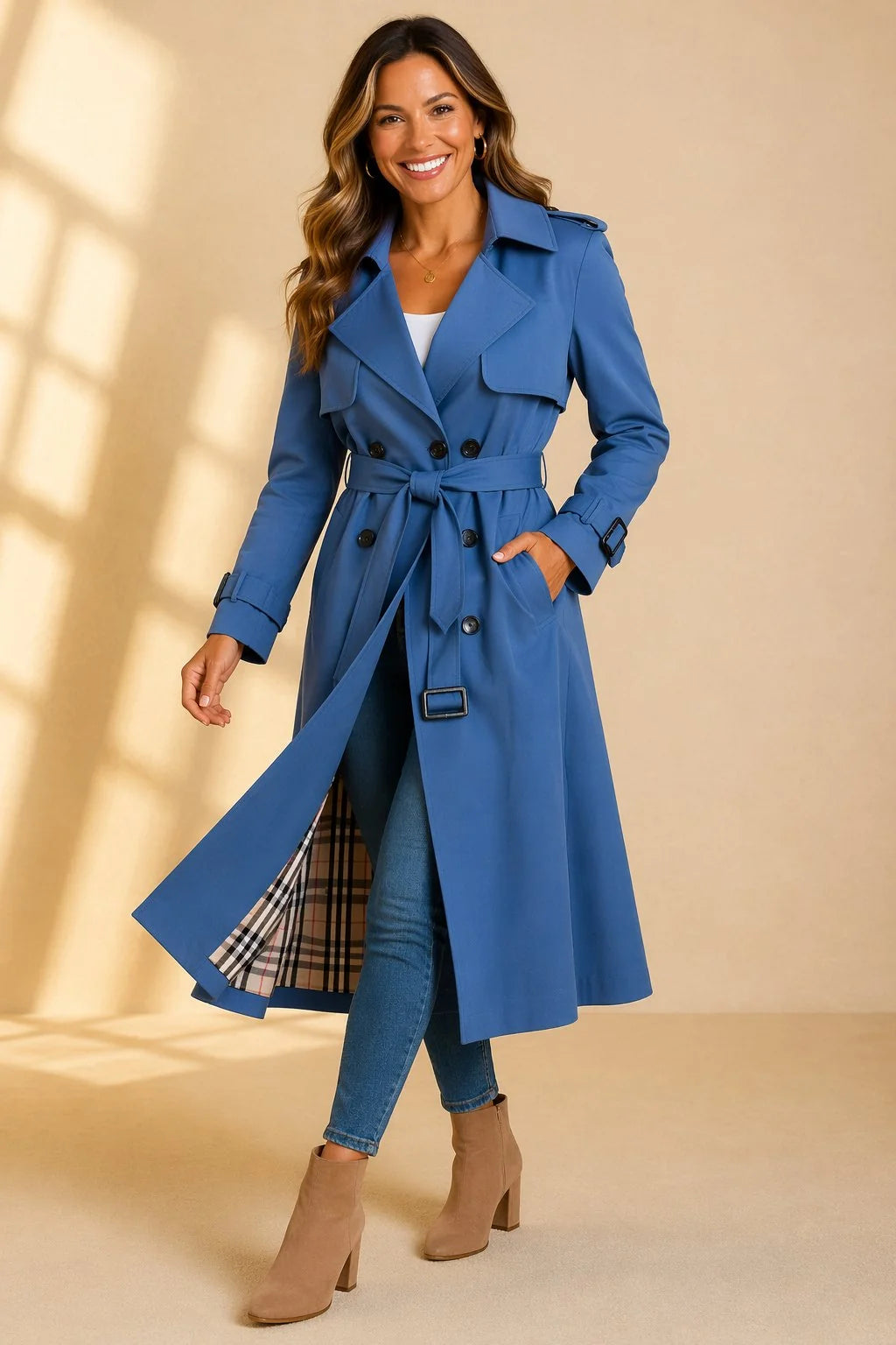 Mia | Damen Zweireihiger Langer Trenchcoat Taillengürtel