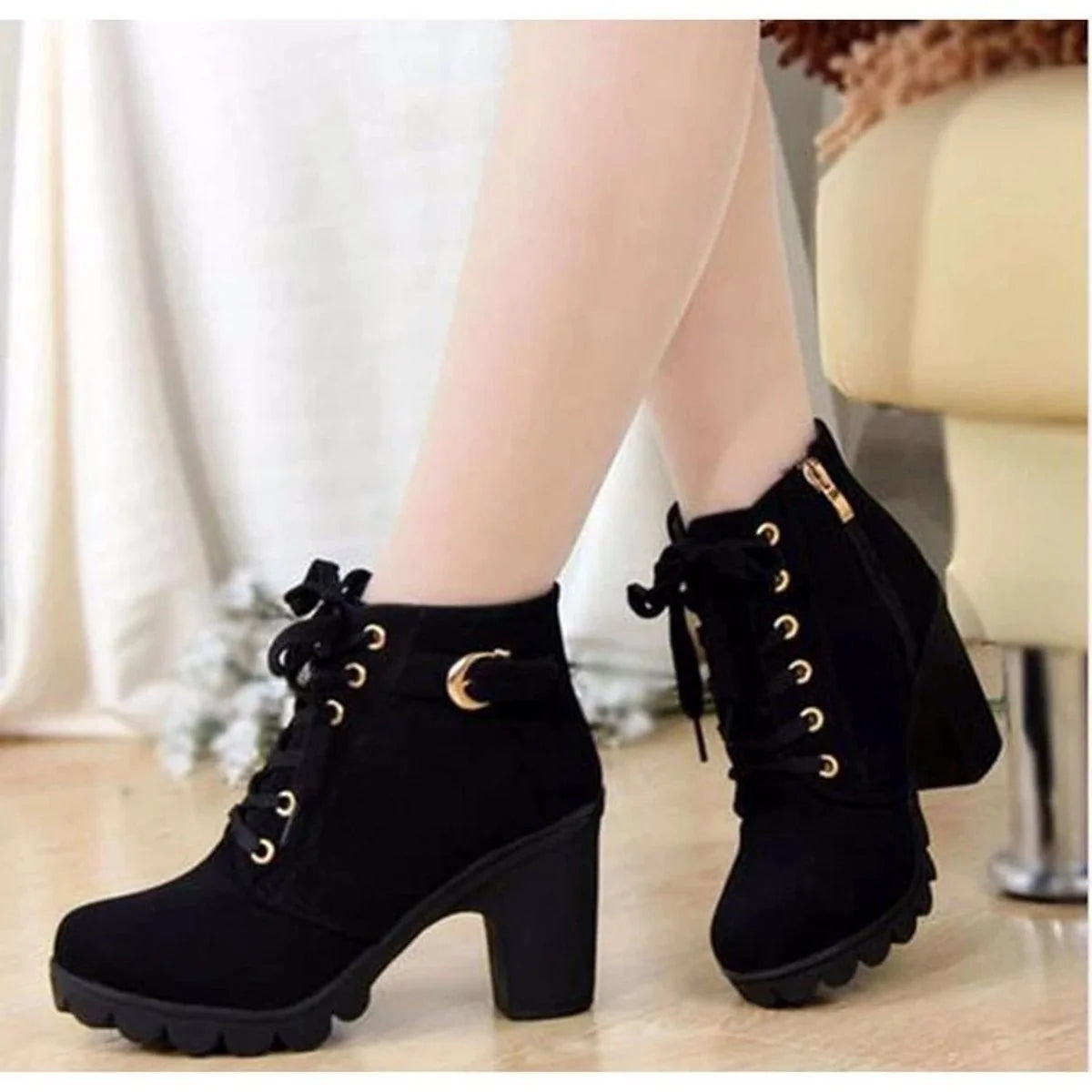 Nora | Stiefel Damen Schnürstiefeletten Blockabsatz Wildleder-Optik