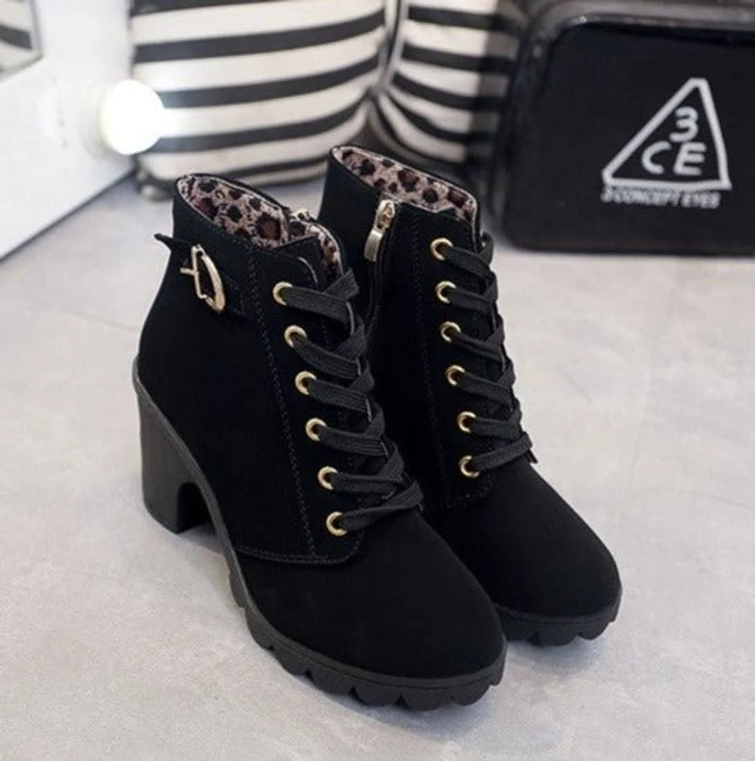 Nora | Stiefel Damen Schnürstiefeletten Blockabsatz Wildleder-Optik