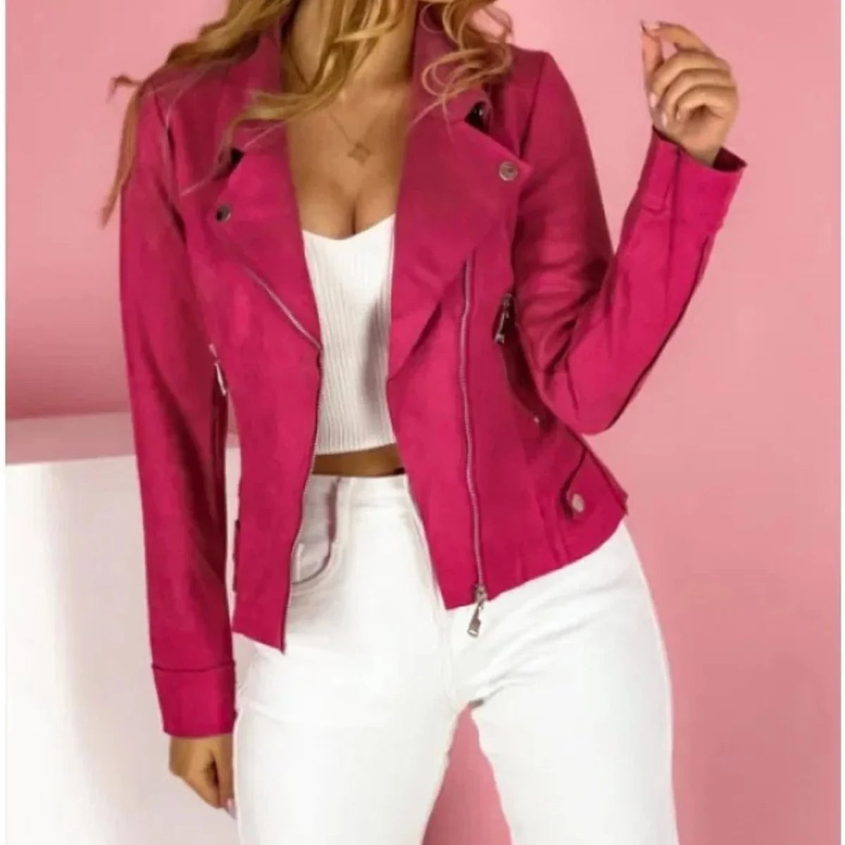 Nuana Charlotte | Damen Kunstleder Bikerjacke mit Umlegekragen und Reißverschluss