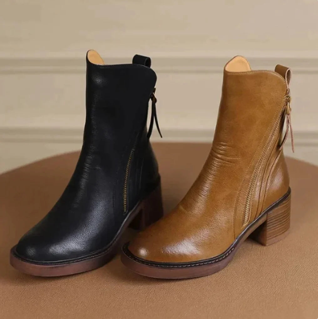 Nuana Charlotte Damen Leder Ankle Boots mit Blockabsatz
