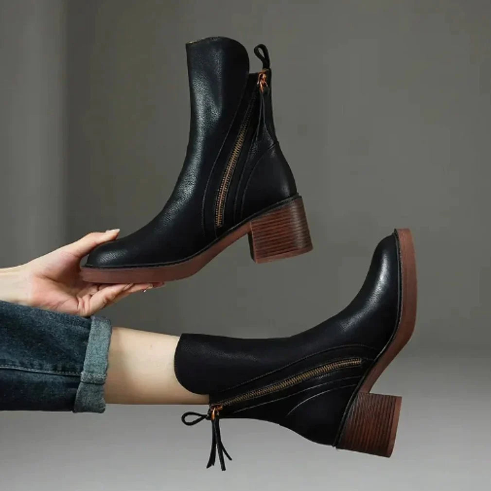 Nuana Charlotte Damen Leder Ankle Boots mit Blockabsatz