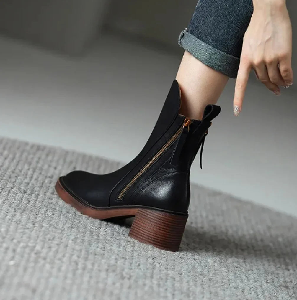 Nuana Charlotte Damen Leder Ankle Boots mit Blockabsatz