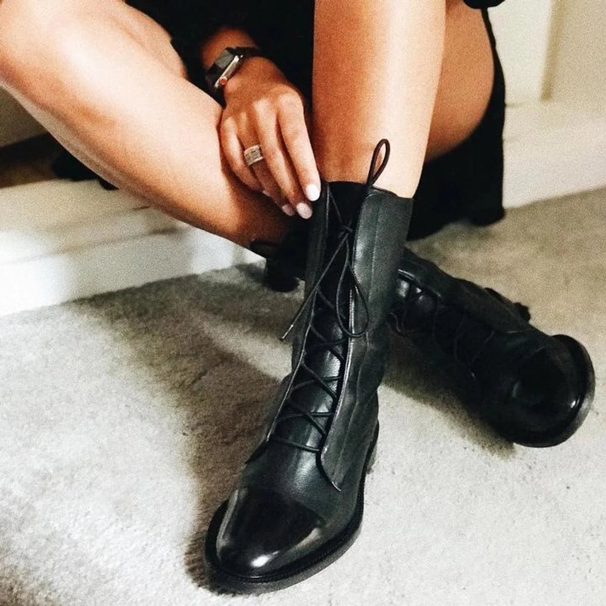 Nuana Charlotte | Stiefeletten Damen Vintage Schnürer Öko-Leder Knöchelboots