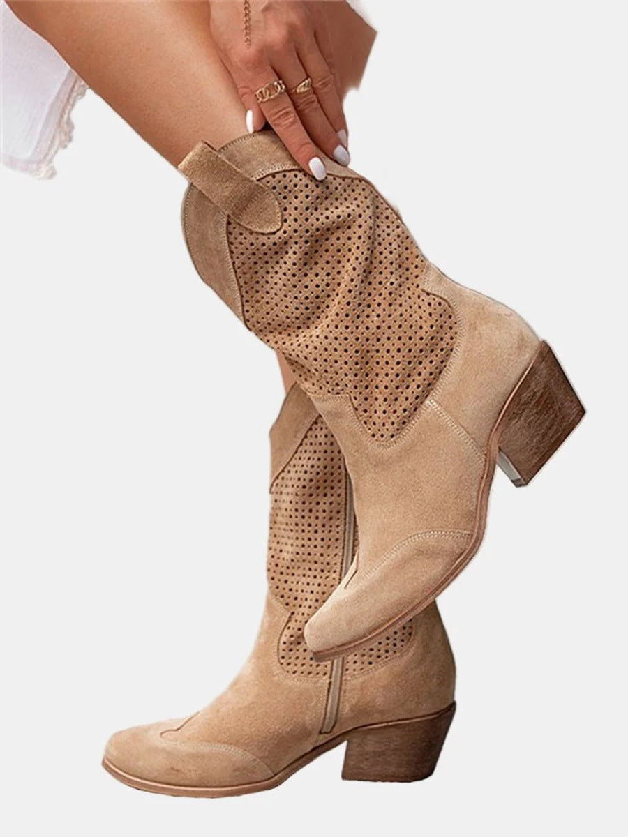 Nuana Clara | Damen Perforierte Knee High Boots Blockabsatz Wildlederoptik