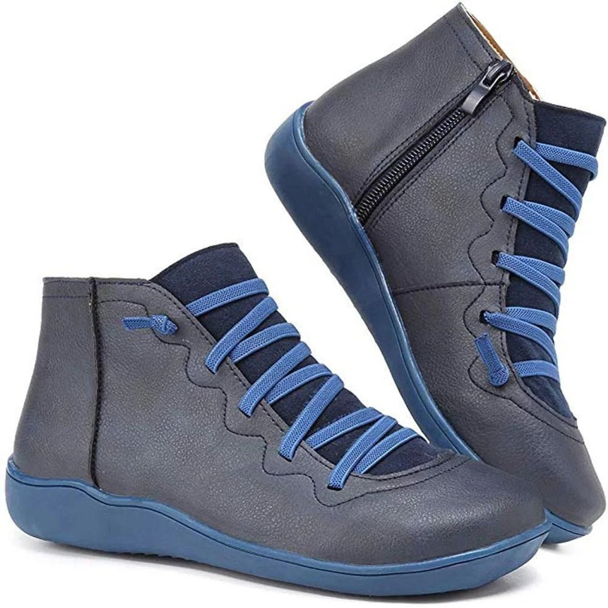 Nuana | Damen Ankle Boots Flache Schnür-Stiefeletten mit Reißverschluss
