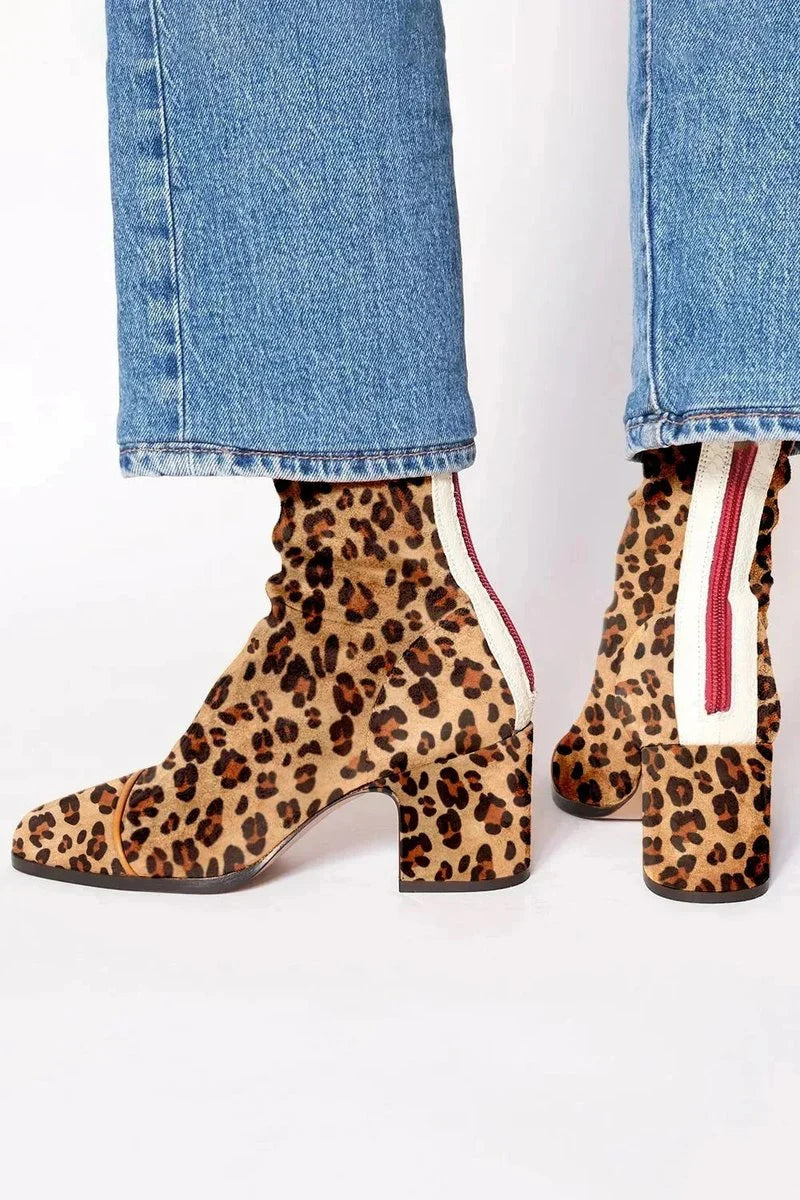 Nuana | Damen Ankle Boots Velours Blockabsatz Leopardenmuster Kappe Reißverschluss