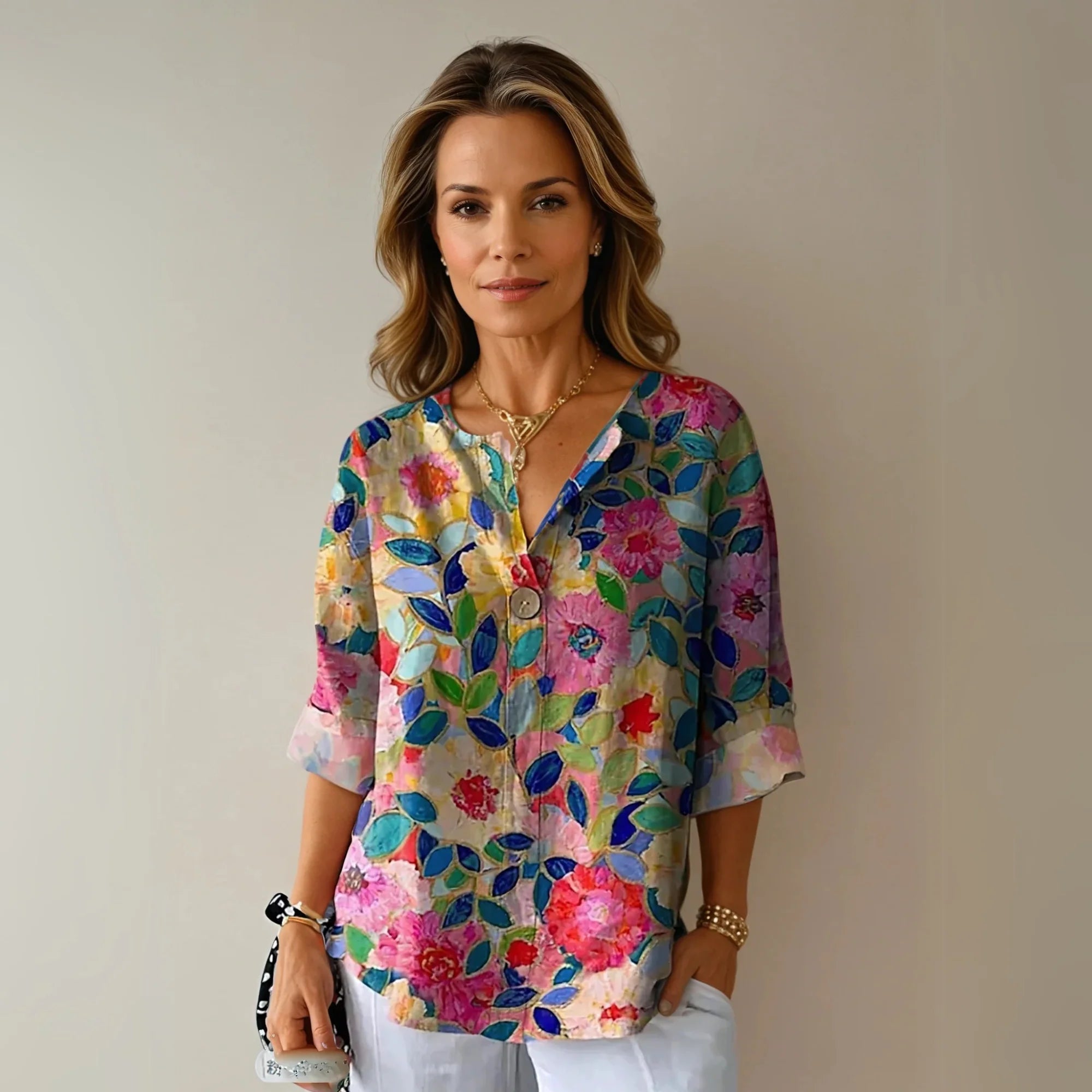Nuana | Damen Blumenprint V-Ausschnitt Casual Top
