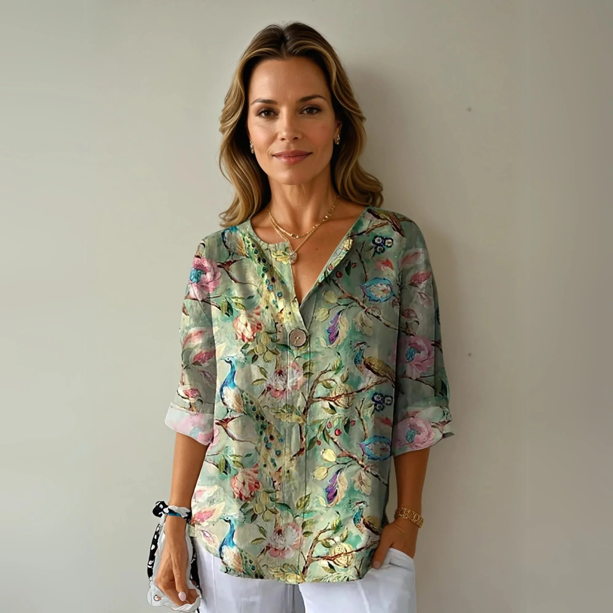 Nuana | Damen Blumenprint V-Ausschnitt Casual Top