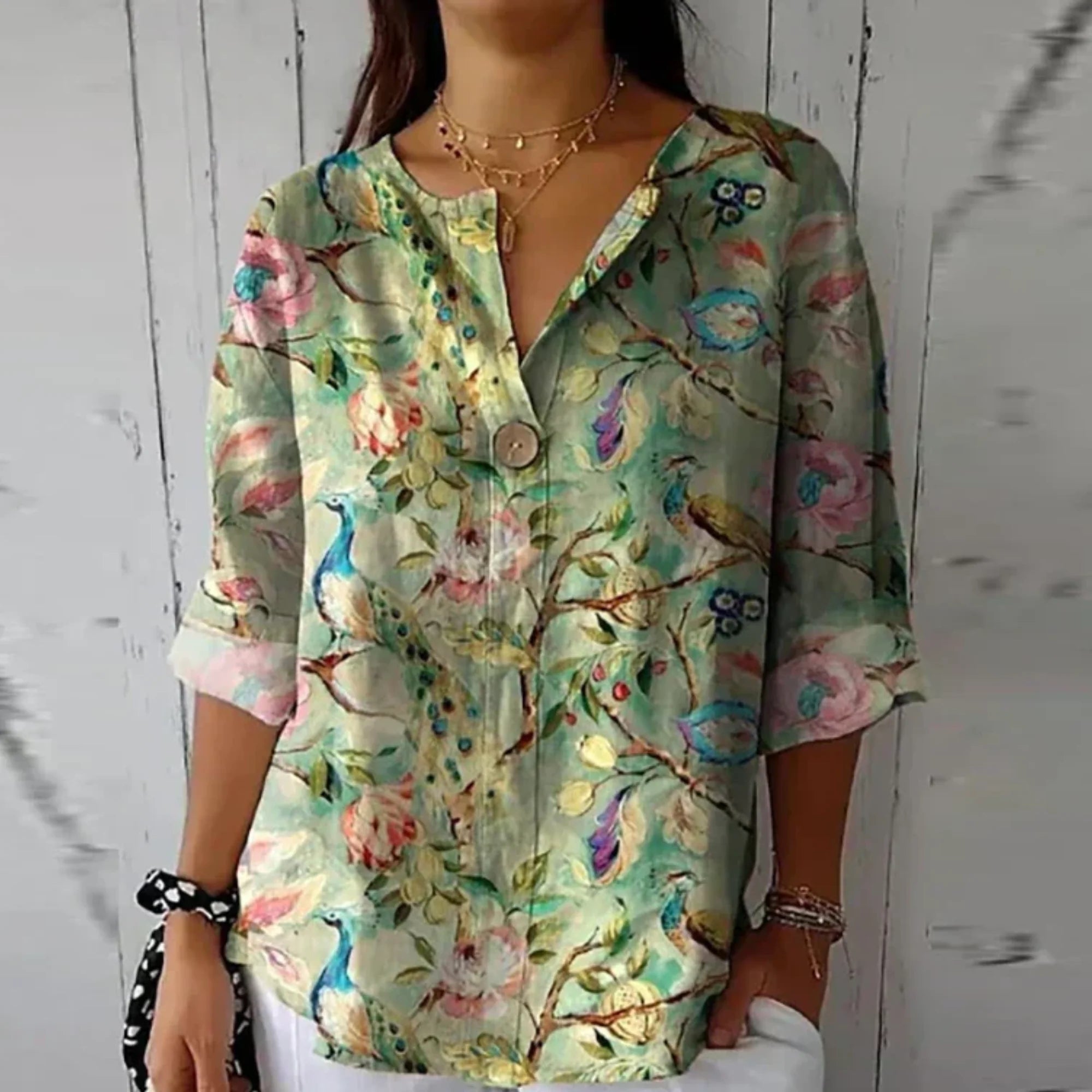 Nuana | Damen Blumenprint V-Ausschnitt Casual Top