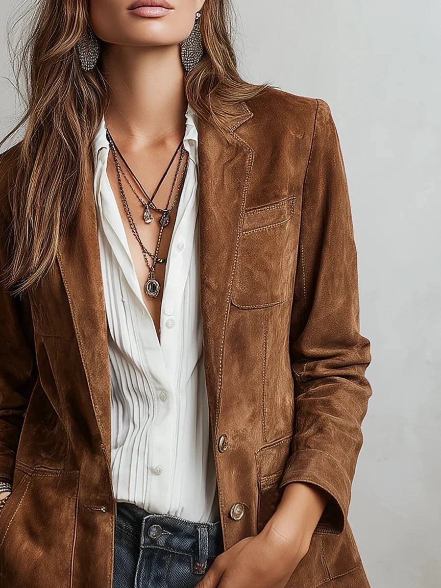 Nuana | Damen Cardigan Blazer Kunstwildleder Tailored-Fit Knopfleiste