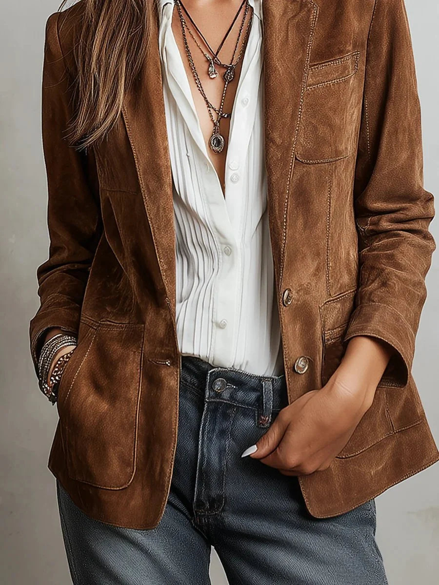 Nuana | Damen Cardigan Blazer Kunstwildleder Tailored-Fit Knopfleiste