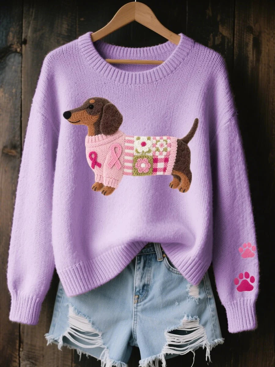 Nuana | Damen Dackel Patchwork Strickpullover mit Pfotenabdruck-Detail