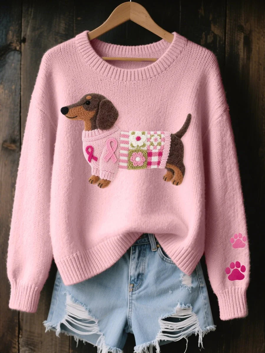 Nuana | Damen Dackel Patchwork Strickpullover mit Pfotenabdruck-Detail