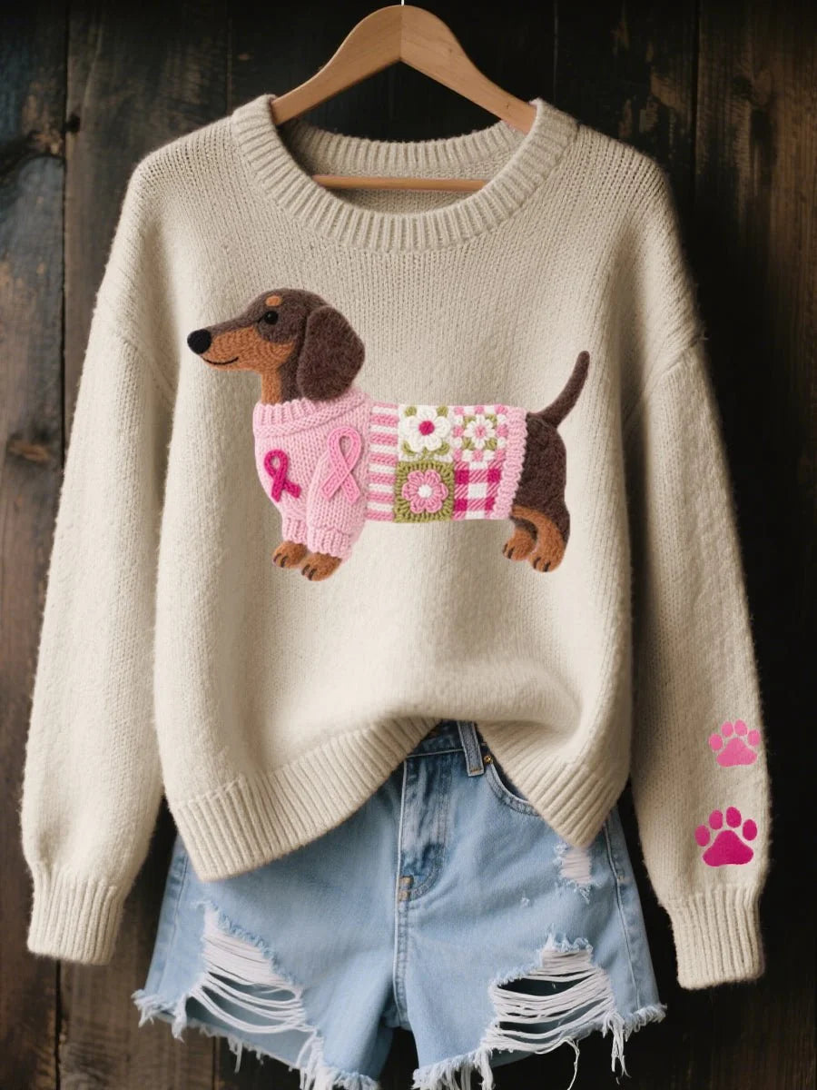 Nuana | Damen Dackel Patchwork Strickpullover mit Pfotenabdruck-Detail