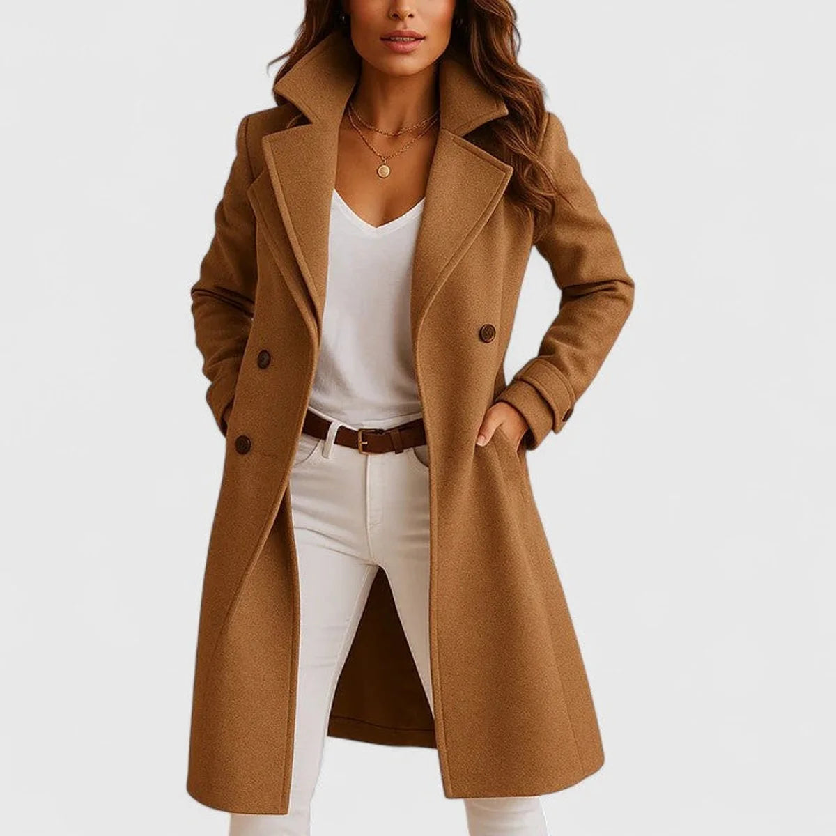 Nuana | Damen Eleganter Langer Mantel mit Knopfleiste
