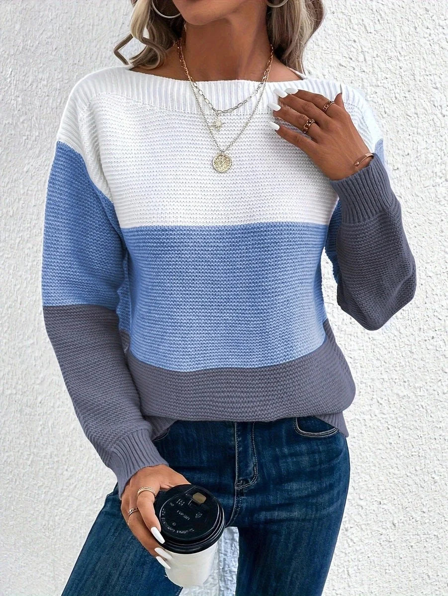 Nuana | Damen Farbblock Strickpullover Rundhals Relaxed Fit Langarm