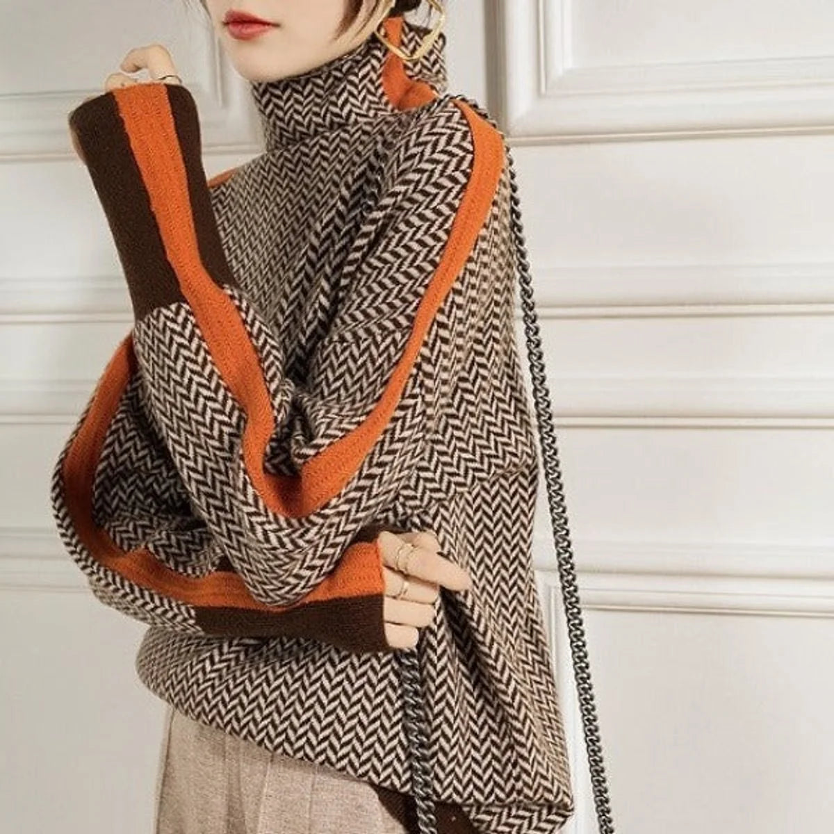 Nuana | Damen Fischgrat-Turtleneck Sweater Rollkragen Oversized Pullover