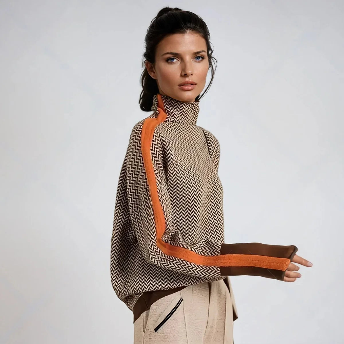 Nuana | Damen Fischgrat-Turtleneck Sweater Rollkragen Oversized Pullover