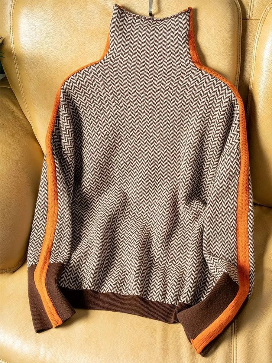 Nuana | Damen Fischgrat-Turtleneck Sweater Rollkragen Oversized Pullover