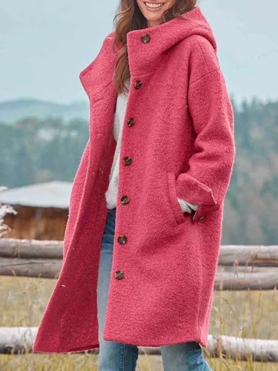 Nuana | Damen Fleece Mantel mit Kapuze Langarm Knopfleiste Women Coat