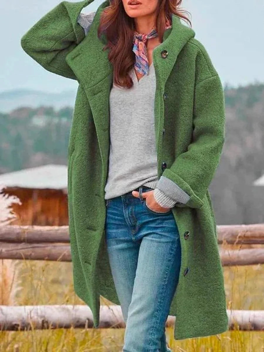 Nuana | Damen Fleece Mantel mit Kapuze Langarm Knopfleiste Women Coat
