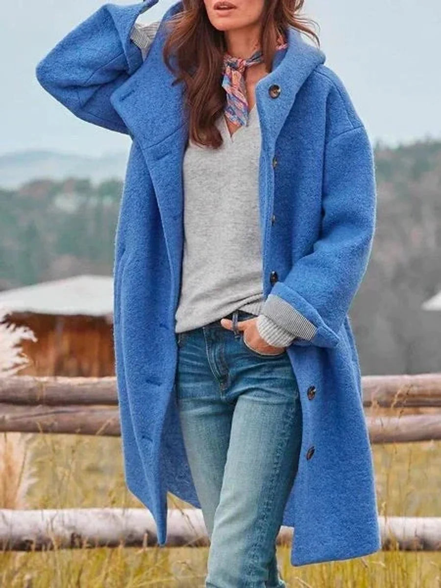 Nuana | Damen Fleece Mantel mit Kapuze Langarm Knopfleiste Women Coat