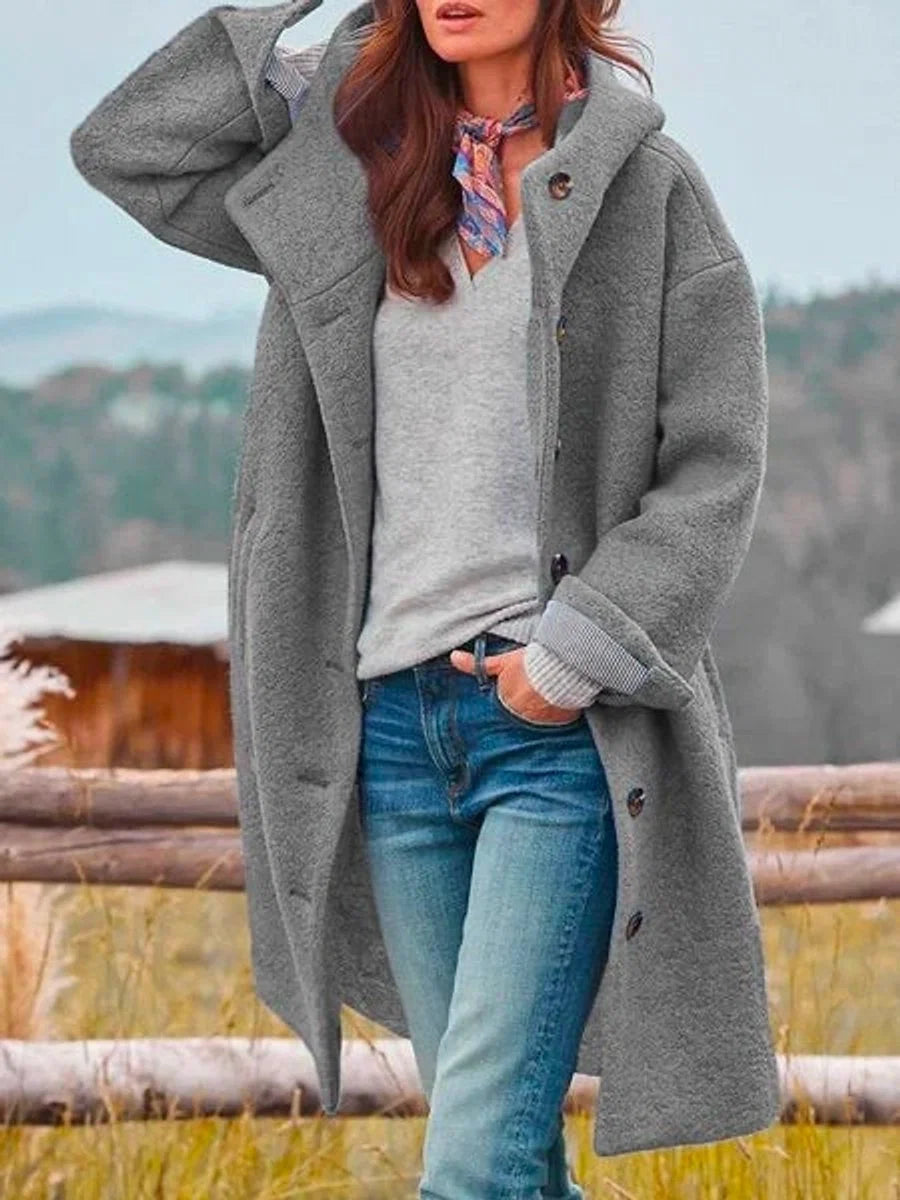 Nuana | Damen Fleece Mantel mit Kapuze Langarm Knopfleiste Women Coat
