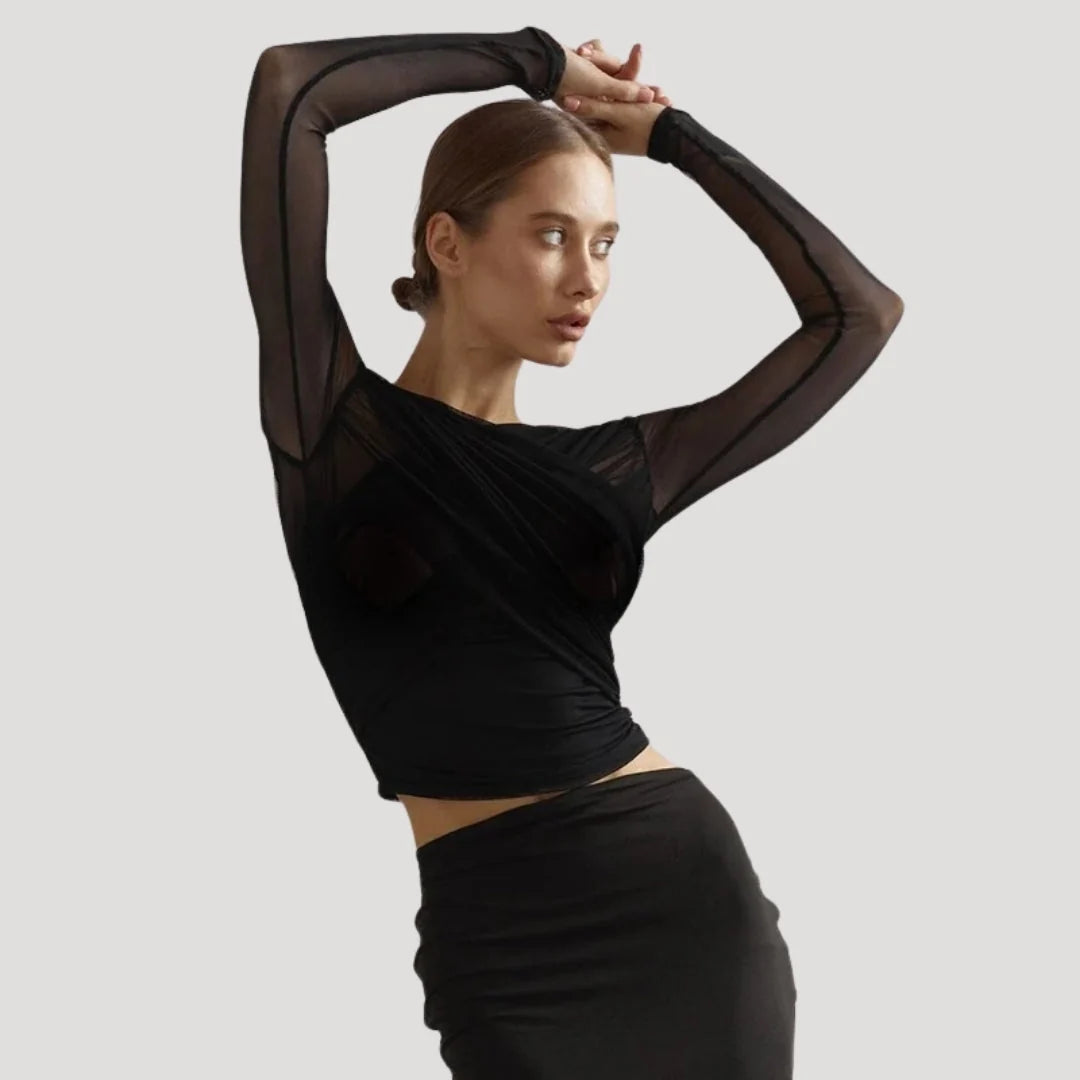 Nuana | Damen Frühlings Transparentes Wickel-Oberteil mit Langarm