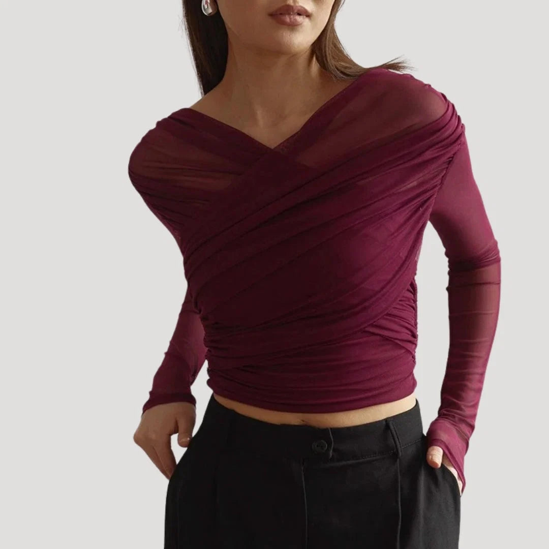 Nuana | Damen Frühlings Transparentes Wickel-Oberteil mit Langarm